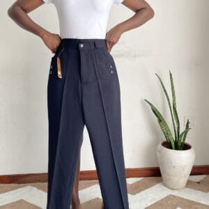 Navy Button-Pocket Wide-Leg Trousers, front view