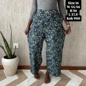 Navy Ditsy Floral Wide-Leg Pants, with measurements