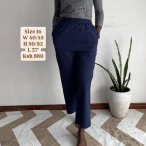 Navy Elastic-Waist Straight Trousers, with measurements
