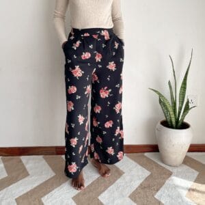 Navy Rose Print Wide-Leg Pants, front view