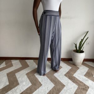 Navy and white bold pinstripe wide-leg pants, front view