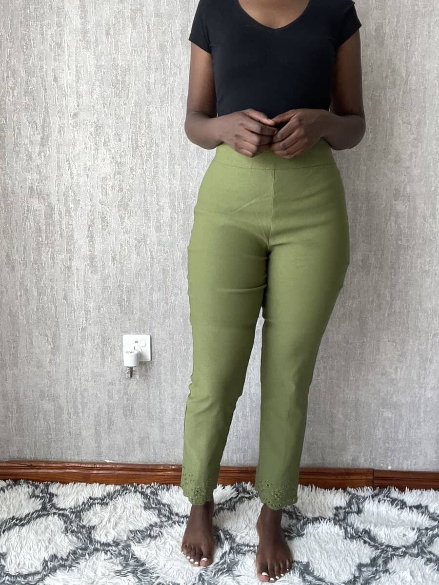 olive green stretch slim trousers | size 12 Olive Green Stretch Slim Trousers, front view