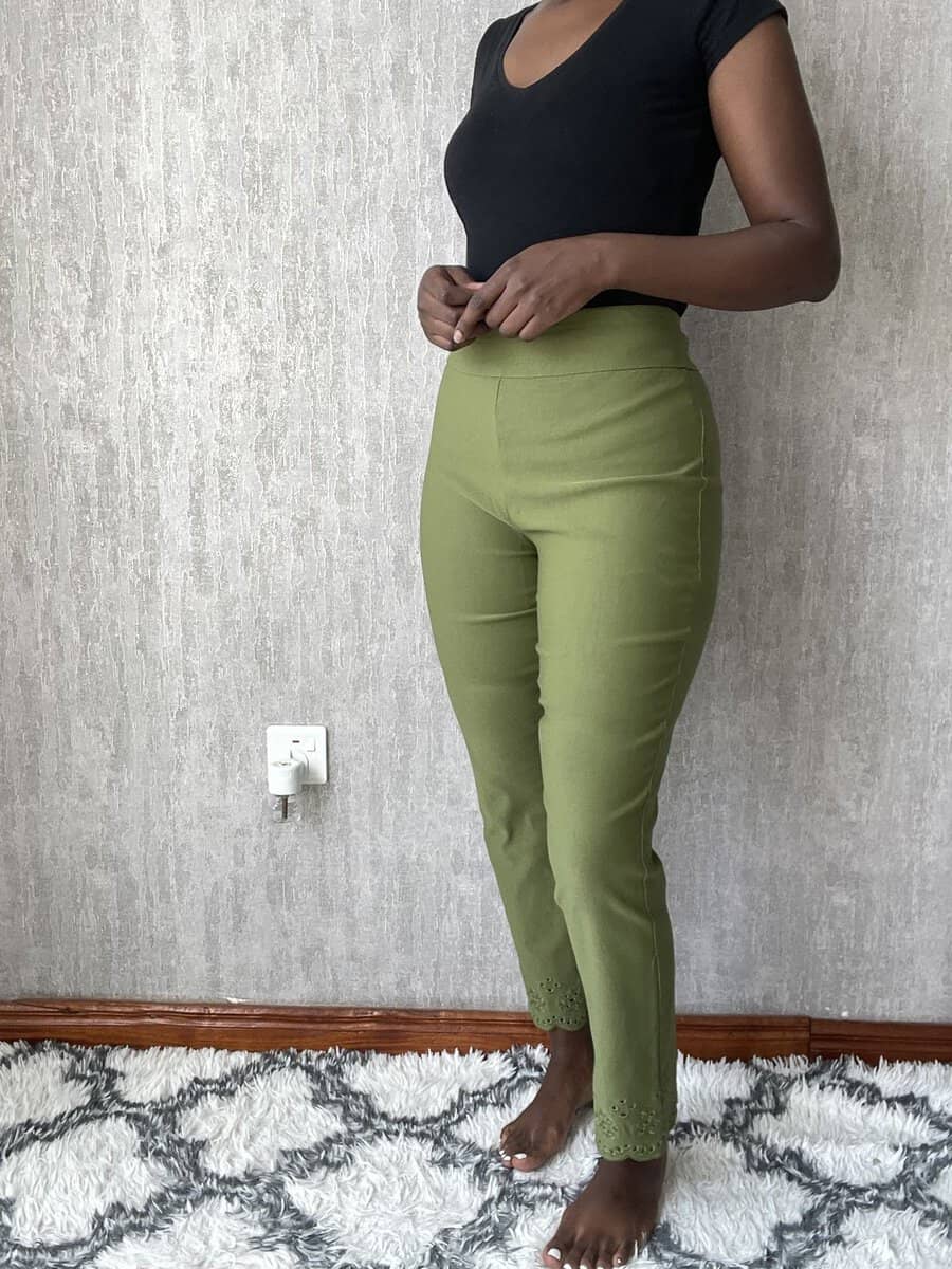 olive green stretch slim trousers | size 12 Olive Green Stretch Slim Trousers, another view