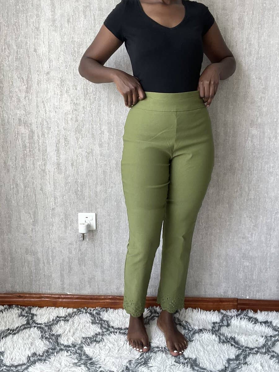olive green stretch slim trousers | size 12 Olive Green Stretch Slim Trousers, another view