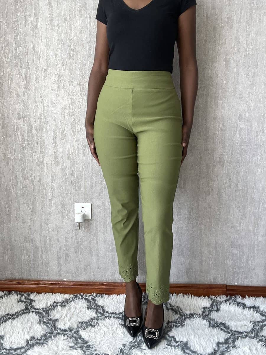 olive green stretch slim trousers | size 12 Olive Green Stretch Slim Trousers, another view