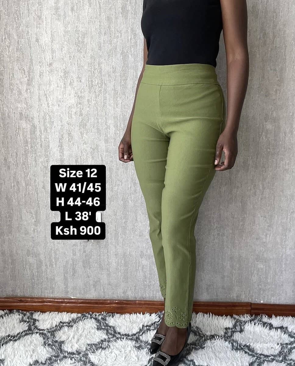 olive green stretch slim trousers | size 12 Olive Green Stretch Slim Trousers, with measurements