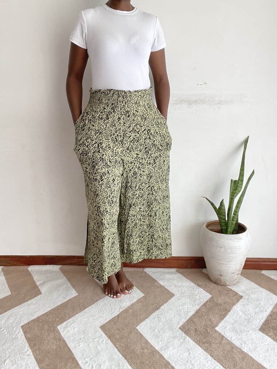 olive khaki tribal culotte size 18 20 02 Olive khaki tribal glyph print culotte, side view