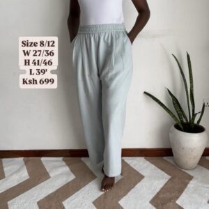 Pale Sage Elastic-Waist Trousers, with measurements