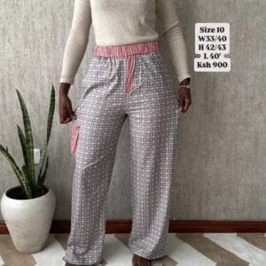 Pink & Grey Geometric Print Wide Pants, with measurements