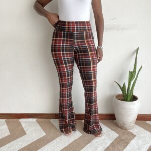 Red black and orange plaid flare pants, front view