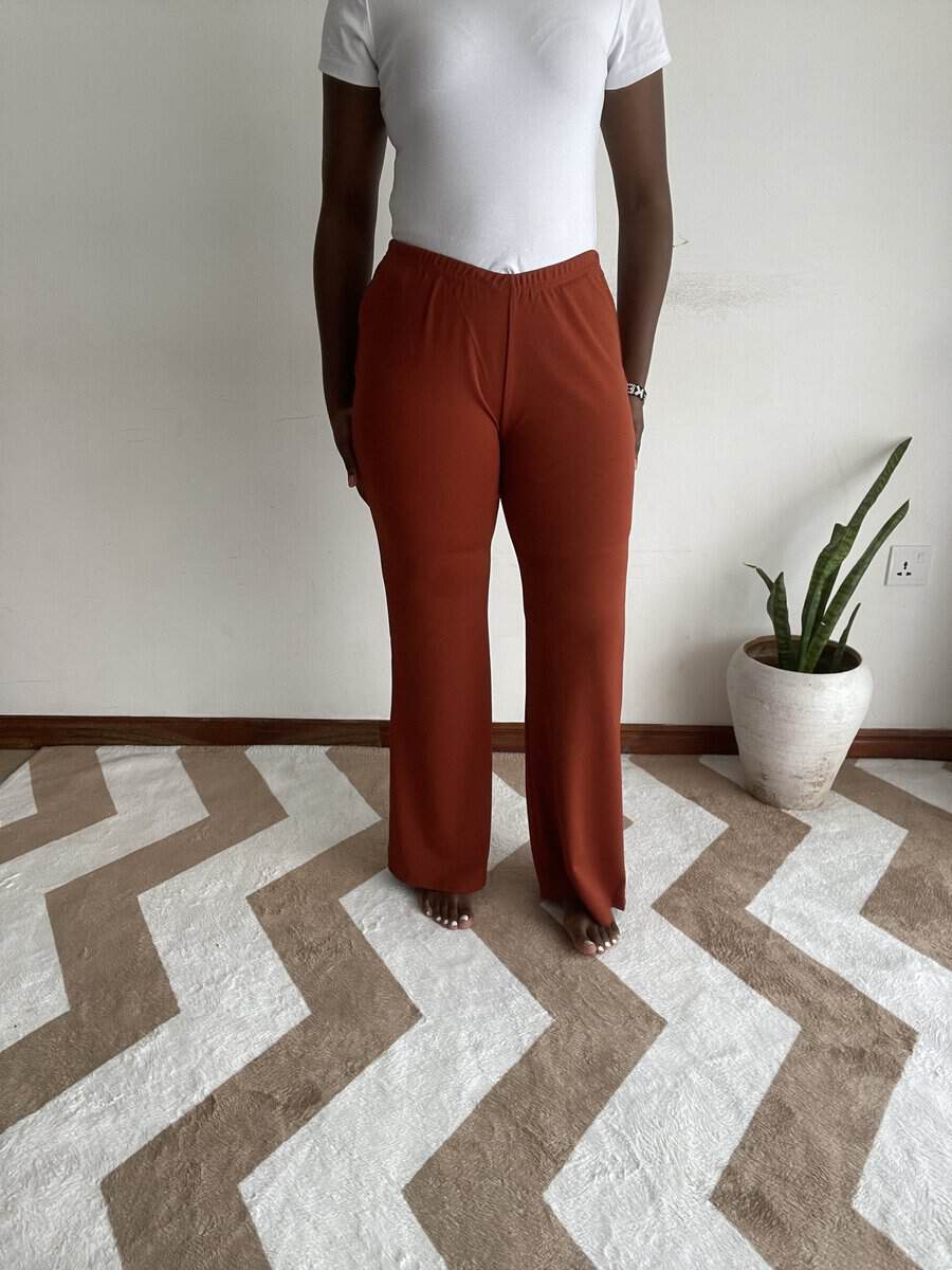 rust terracotta straight leg pants size 10 12 02 Rust terracotta straight-leg pants, back view