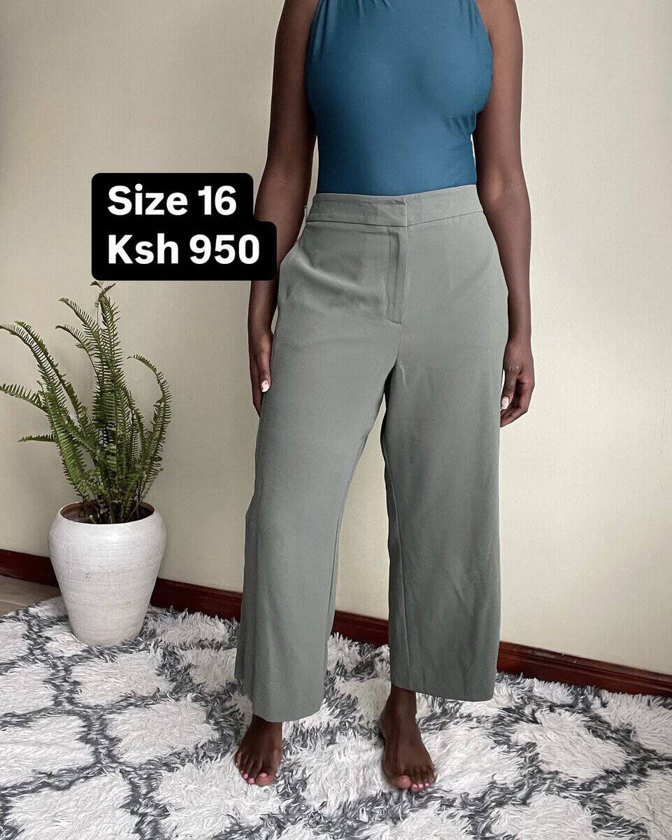 sage grey tailored wide leg trousers | size 16 Sage Grey Tailored Wide-Leg Trousers, with measurements