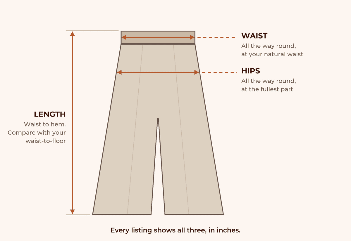 Where to measure: waist all the way round at your natural waist, hips all the way round at the fullest part, and length from waist to hem.