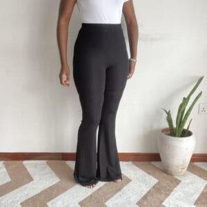 Solid black flare pants, front view