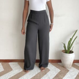 Solid black tailored straight-leg pants, front view