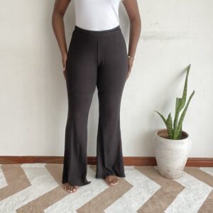 Solid dark brown plus size flare pants, front view