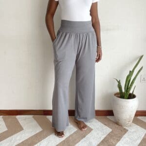 Solid gray dropped gathered crotch harem pants, front view