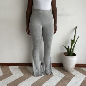 Solid heather gray flare pants, front view