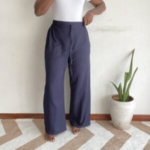Solid navy denim-blue wide-leg pants, front view