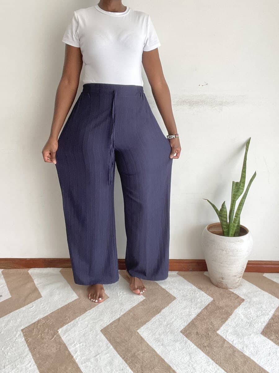 solid navy denimblue wide leg pants size 12 14 02 Solid navy denim-blue wide-leg pants, back view
