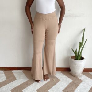 Solid tan beige flare pants, front view