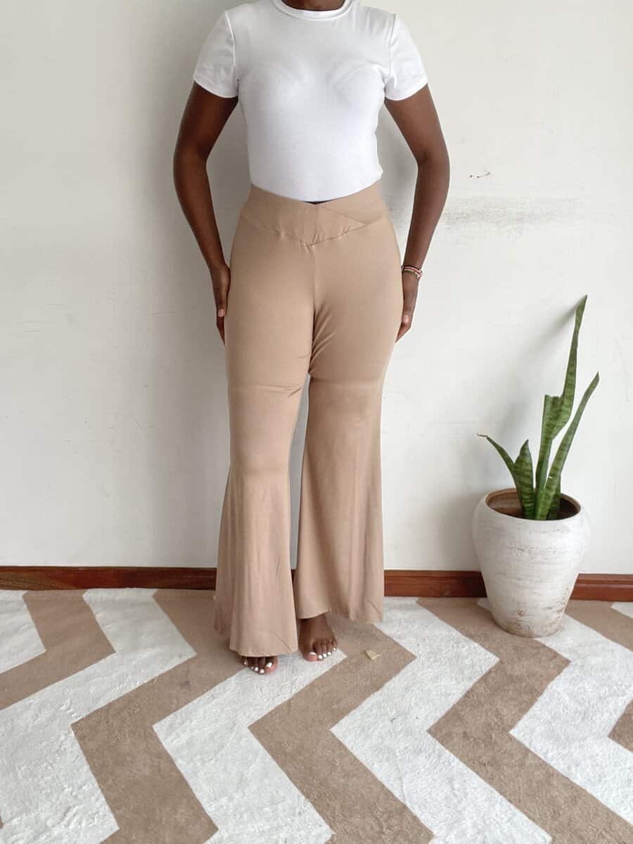 solid tan beige flare pants size 20 22 01 Solid tan beige flare pants, front view