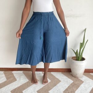 Teal and blue textured fine dot-weave culotte, front view