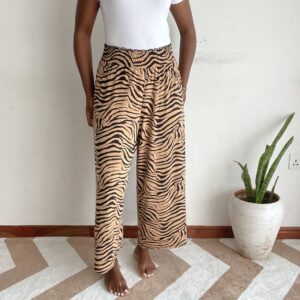 Tan and black tiger-stripe wide-leg pants, front view