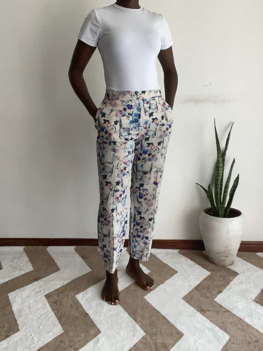 watercolour floral straight trousers | size 10 Watercolour Floral Straight Trousers, front view
