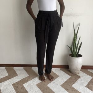 Black Tie-Belt Tapered Trousers, front view