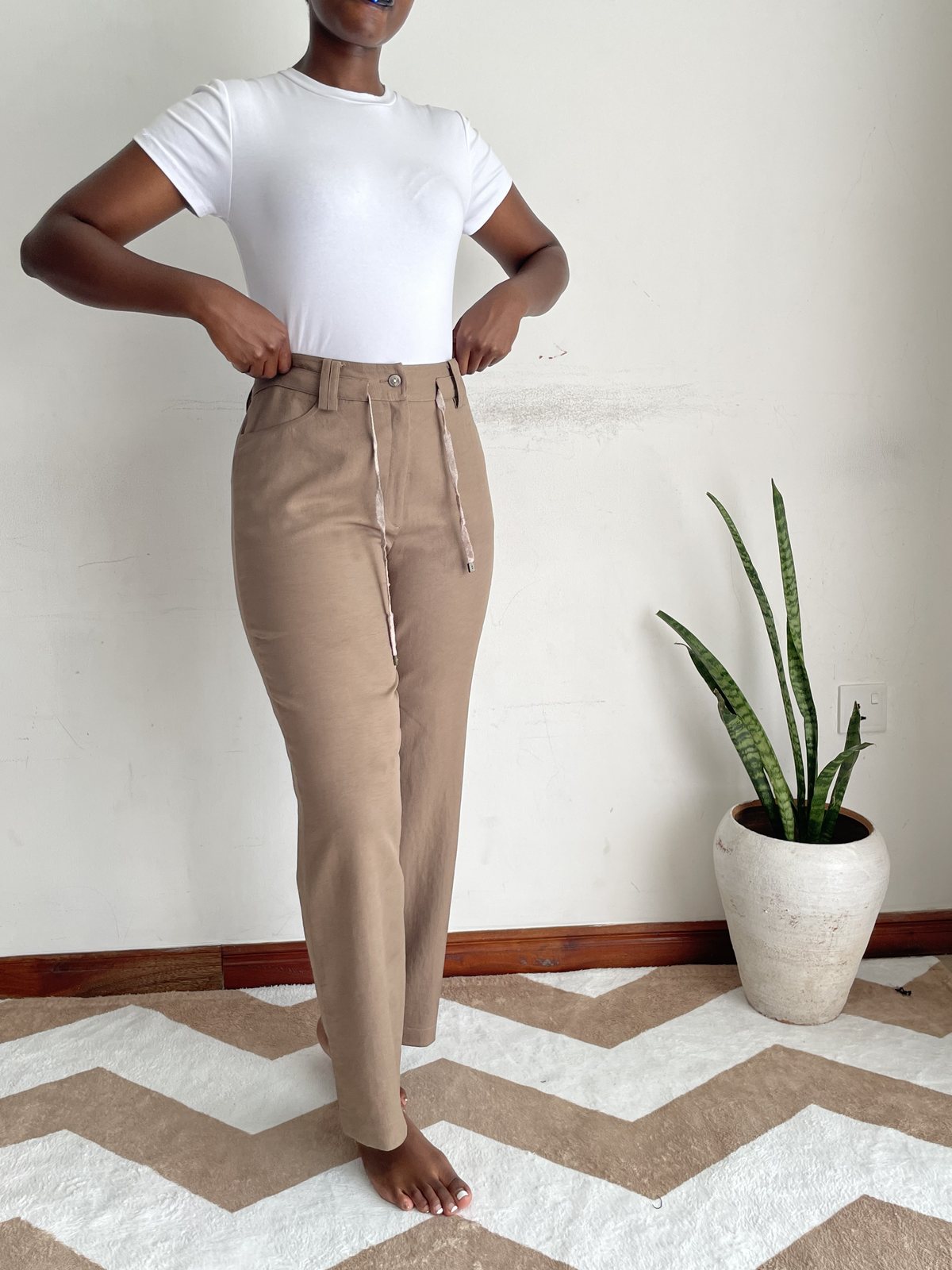 camel drawstring straight trousers | size 10 Camel Drawstring Straight Trousers, front view