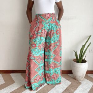 teal coral boho medallion pleated palazzo pants front view